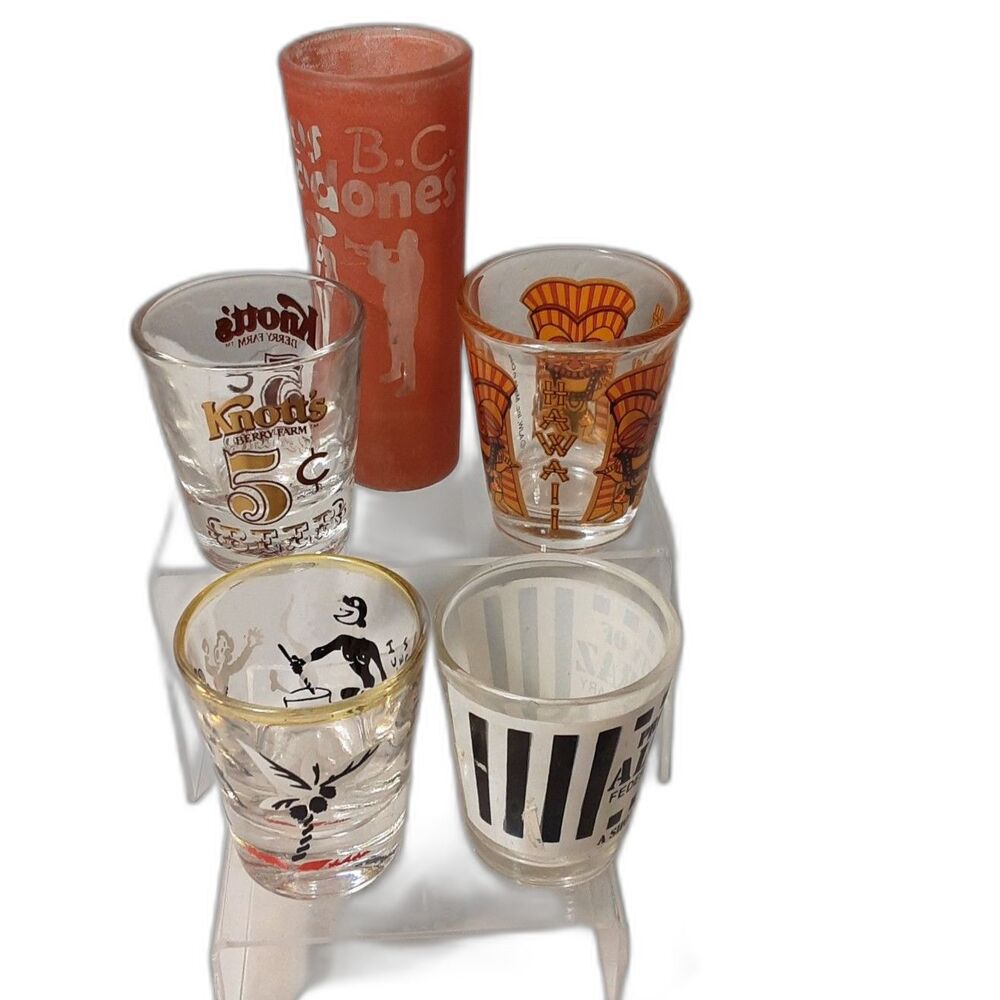Vintage Shot Glasses Various Places and Graphics 5 in the Set